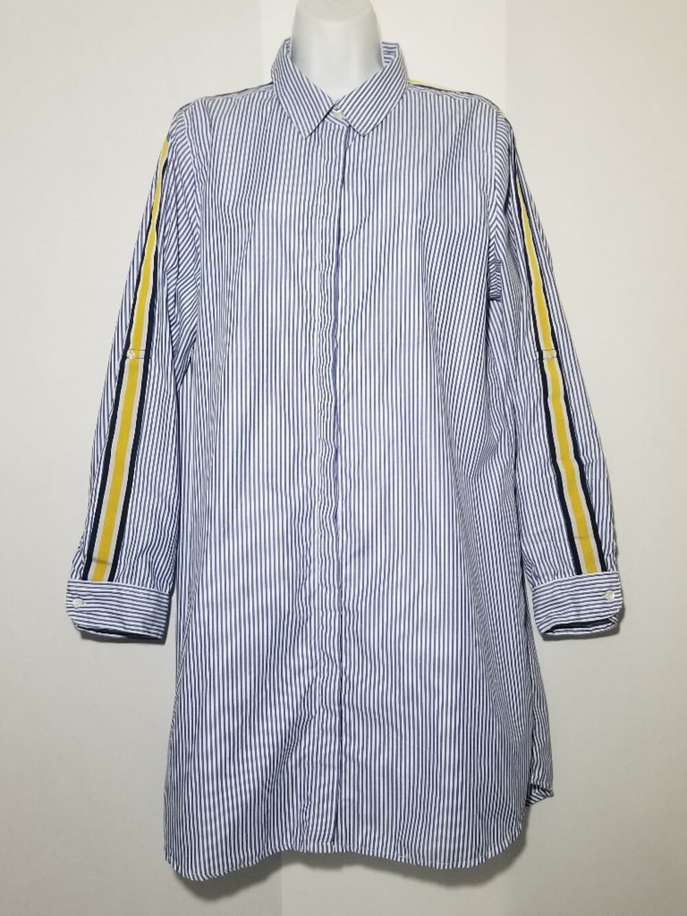 Style House Womens XL Cotton Tab Sleeve Blue White Striped Button Up Shirt Dress